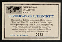 Load image into Gallery viewer, Vintage John Lennon 1940-1980 The Beatles Stamp Set Issue Of Chad COA