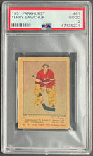 Load image into Gallery viewer, 1951 Parkhurst #61 Terry Sawchuk NHL Hockey Card RC Detroit Red Wings PSA 2