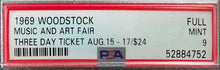 Load image into Gallery viewer, 1969 WOODSTOCK Music + Art Fair Concert Festival Full 3 Day Ticket Unused PSA 9