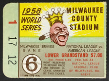 Load image into Gallery viewer, 1958 World Series Game 6 MLB Baseball Ticket Milwaukee County Stadium Braves