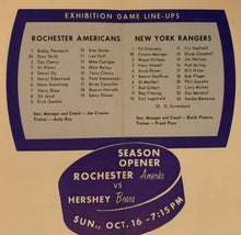 Load image into Gallery viewer, 1966-67 Rochester Americans Exhibition Game Hockey Program vs Rangers Geffrion