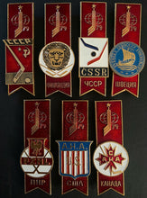 Load image into Gallery viewer, 1979 World Championship Moscow Game Hockey Puck + 7 Team Pins Media Issued
