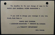 Load image into Gallery viewer, 1950's Toronto Maple Leaf Baseball Club Postcard Reminder Advertise In Programs