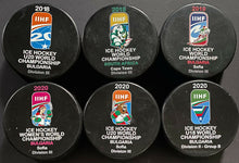 Load image into Gallery viewer, 6 Different IIHF World Championship Game Hockey Pucks Bulgaria 2018-2020