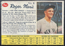 Load image into Gallery viewer, 1962 Roger Maris White Back Post Trading Card #6 MLB Baseball New York Yankees