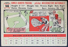 Load image into Gallery viewer, 1956 Topps Baseball Camilo Pascual #98 Washington Nationals MLB Card Vintage
