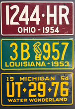 Load image into Gallery viewer, 1953/54 General Mills Wheaties Mini Metal License Plates x3 MI OH LA Vintage