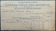 Load image into Gallery viewer, Vintage 1904 CCM Canada Cycle + Motor CO. Invoice Iconic Canadian Sports Company
