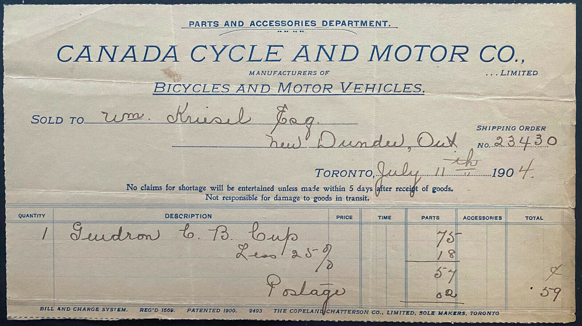 Vintage 1904 CCM Canada Cycle Motor CO. Invoice Iconic Canadian Spor Glory Days Sports