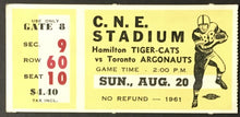 Load image into Gallery viewer, 1961 CFL Football Ticket CNE Stadium Toronto Argonauts vs Hamilton Tiger Cats