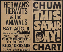 Load image into Gallery viewer, 1966 Rock Concert Ticket Hermans Hermits + The Animals Maple Leaf Stadium