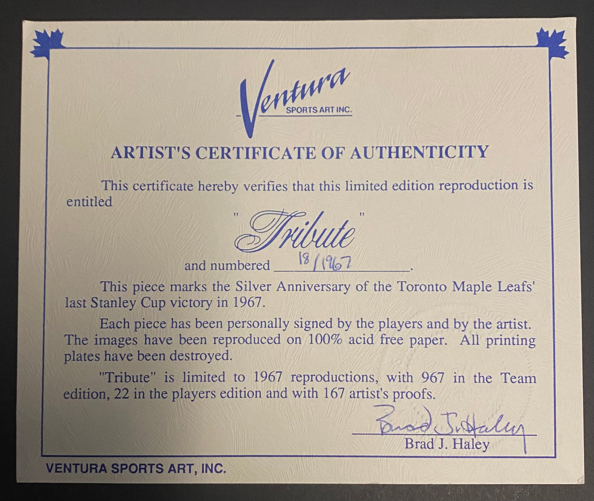 Signed 1967 Toronto Maple Leafs Stanley Cup Anniversary “Tribute” Baue