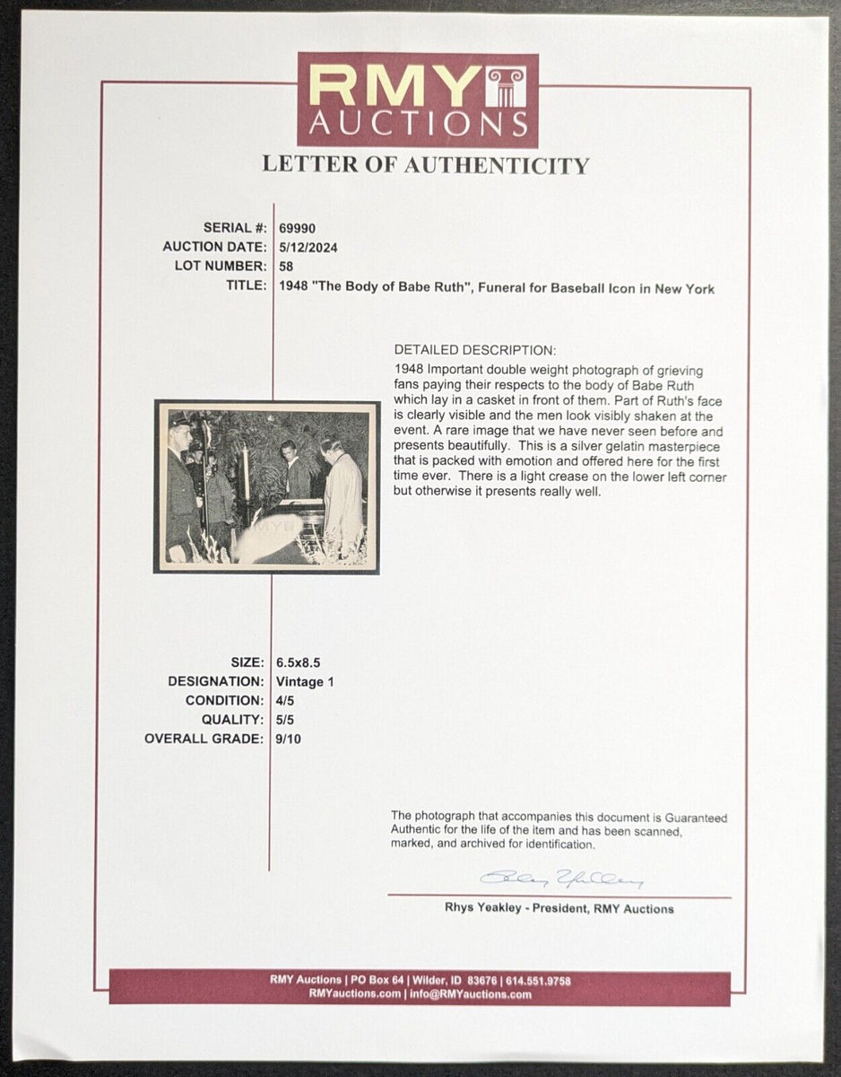 1948 Babe Ruth Funeral Type 1 Photo Silver Gelatin Open Casket RMY Auc ...