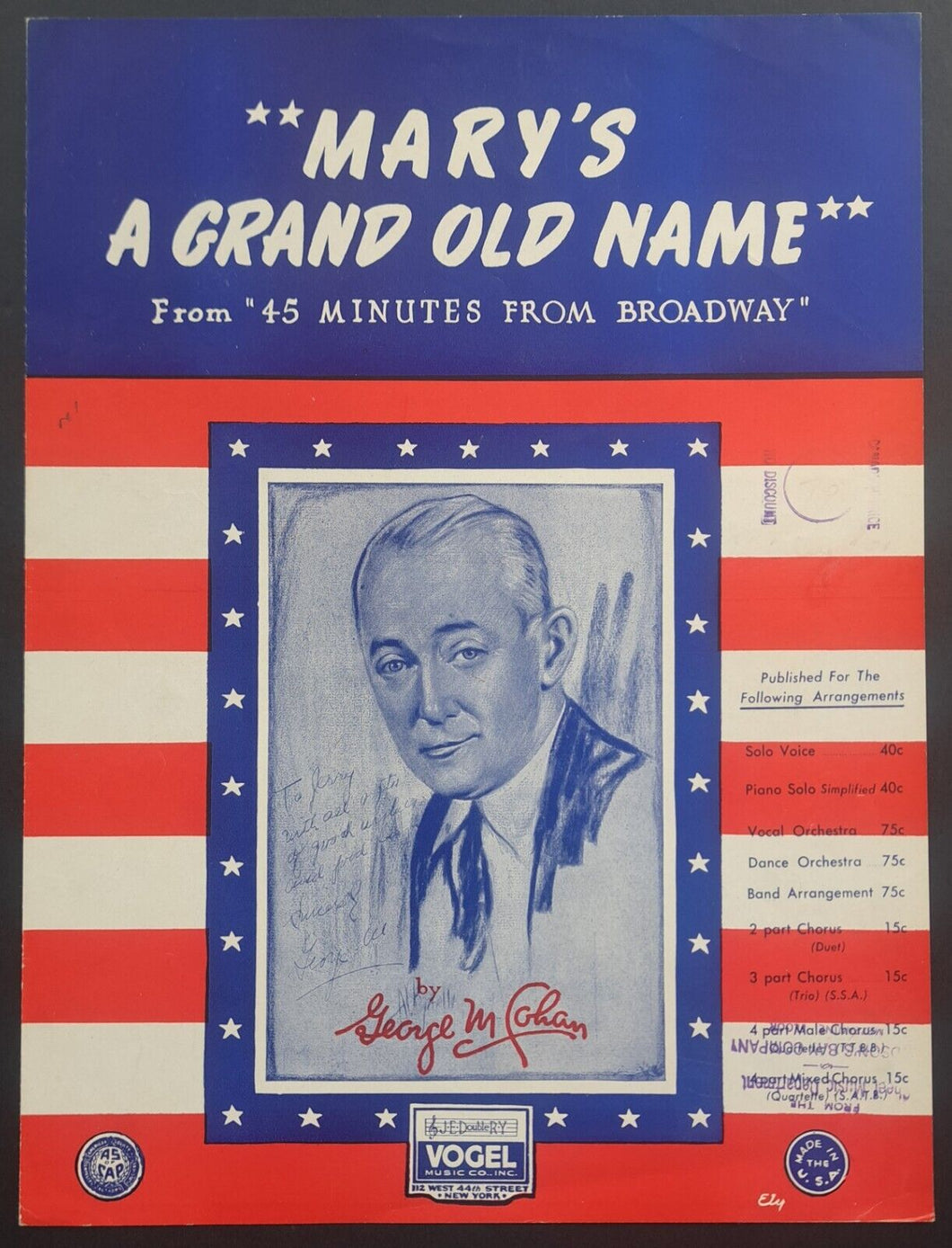 1932 George Cohan Autographed Signed Mary's A Grand Old Name Sheet Music VTG