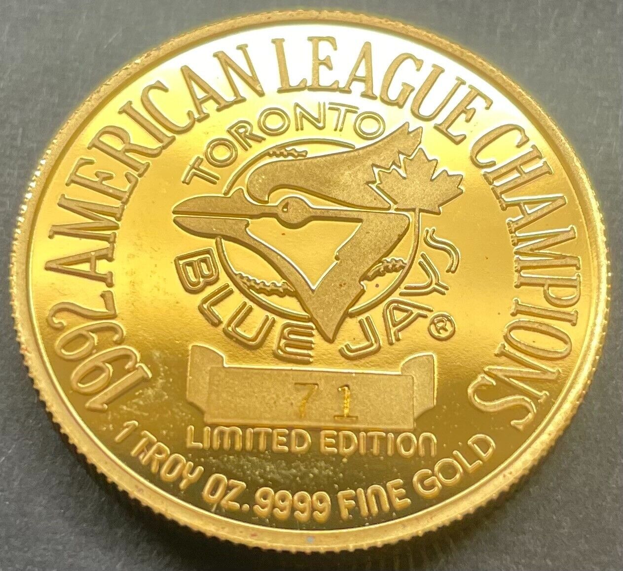 1992 Toronto Blue Jays AL Champions Ltd Ed 71/99 1oz Gold Coin MLB