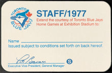 Load image into Gallery viewer, 1977 Toronto Blue Jays Staff Pass From Team&#39;s Inaugural Baseball Season MLB
