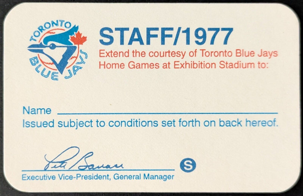 1977 Toronto Blue Jays Staff Pass From Team's Inaugural Baseball Season MLB