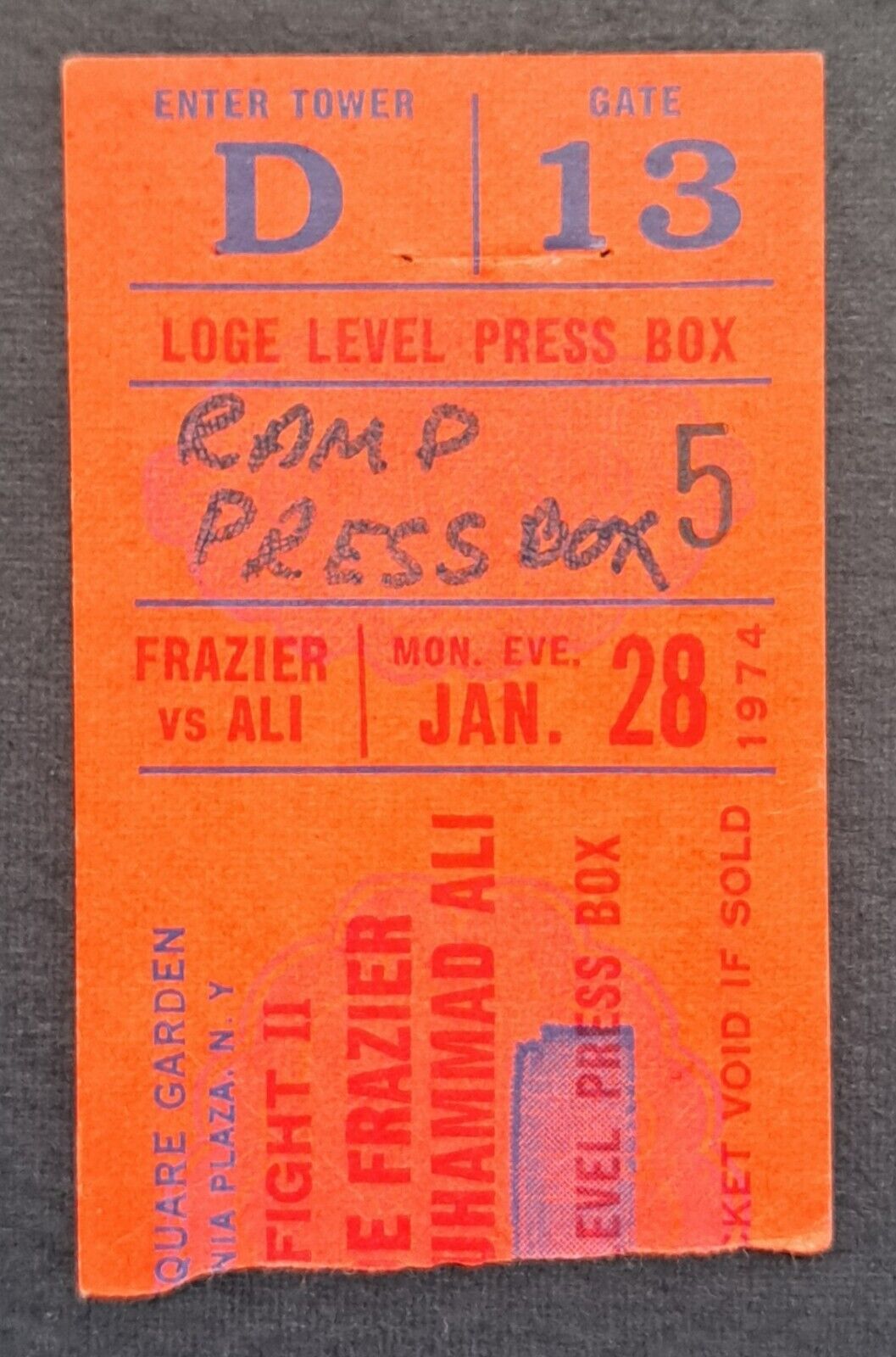 1974 Muhammad Ali v  Joe Frazier @ Madison Square Garden Press Pass Ticket Stub