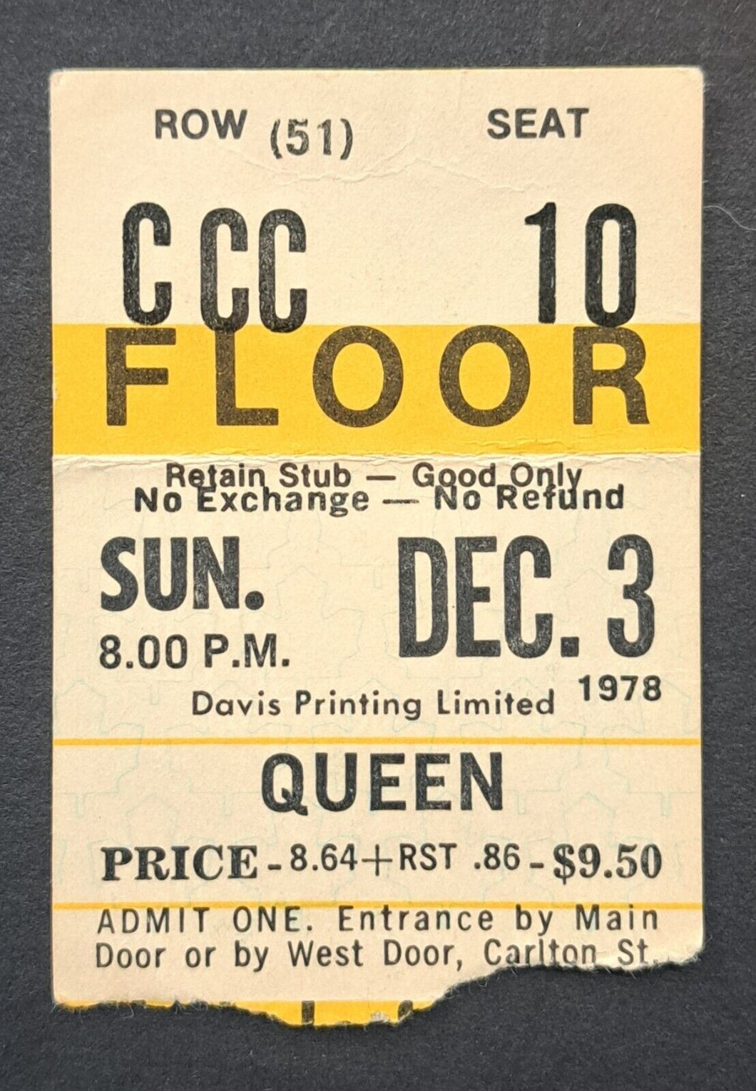 1978 Queen Concert Ticket Stub Maple Leaf Gardens Toronto Vtg