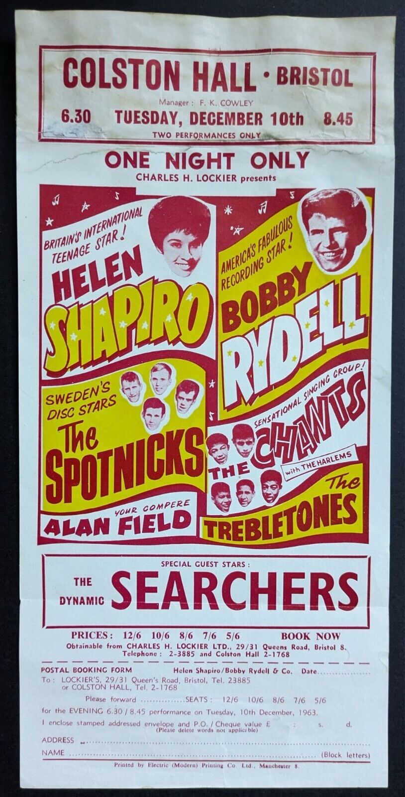 1963 Colston Hall Rock Concert Handbill + Ticket Order The Searchers VTG Music