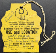 1973 NFL Game Field Pass Baltimore Colts Miami Dolphins Football Vintage