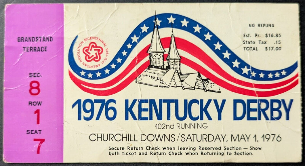 1976 Kentucky Derby Grandstand Ticket Stub Churchill Downs Bold Forbes Winner