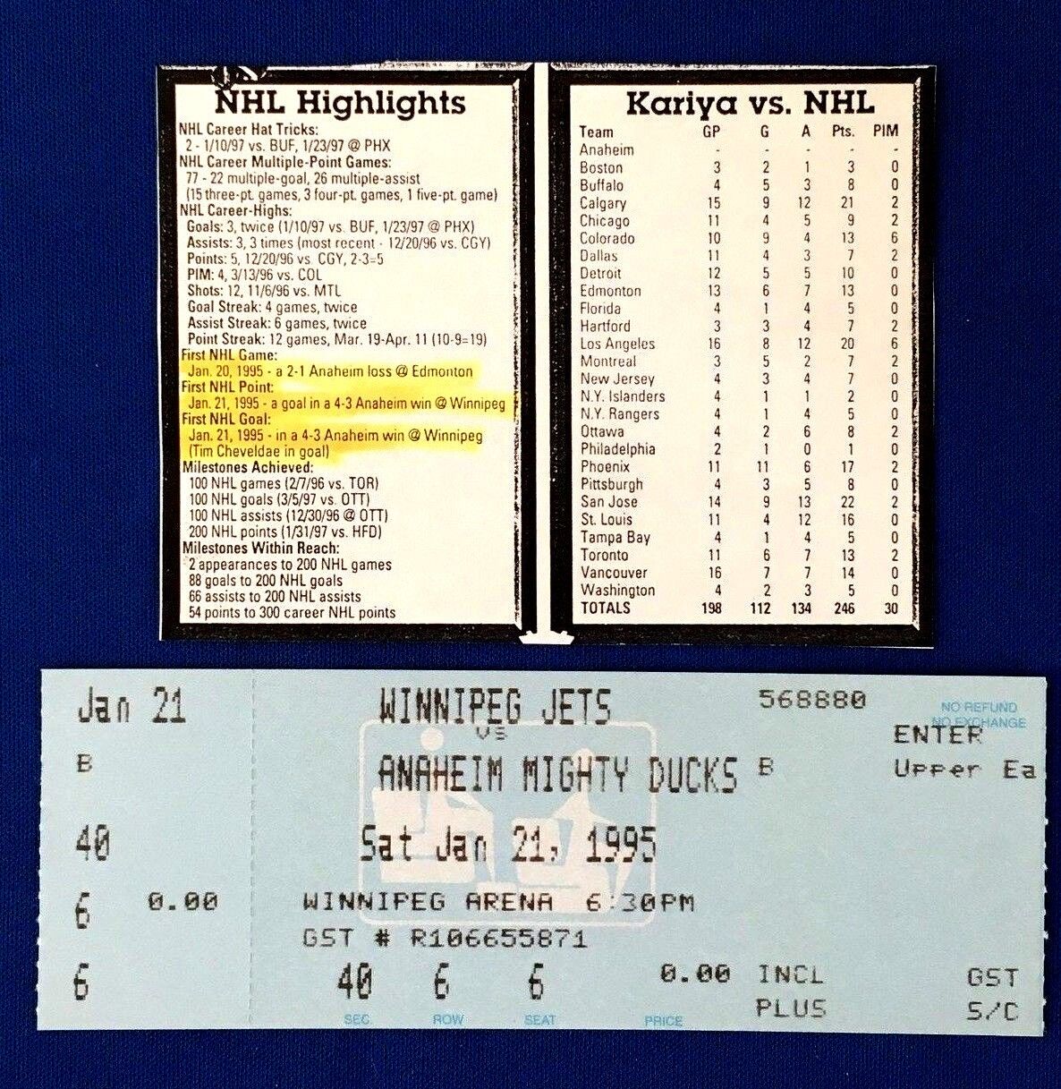 1995 Paul Kariya First NHL Goal Winnipeg Arena Vintage Game Ticket Rec ...