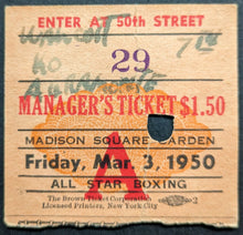 Load image into Gallery viewer, 1950 Madison Square Gardens Boxing Ticket Joe Walcott TKO Omelio Agramonte
