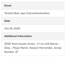 Load image into Gallery viewer, 2020 Toronto Blue Jays Teoscar Hernandez Game Worn Jersey MLB Holo Baseball
