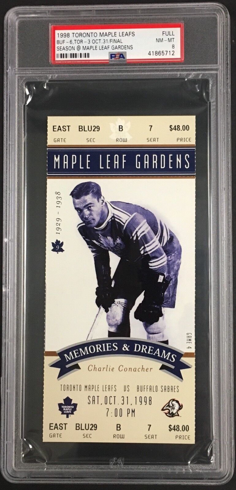 1998 Memories & Dreams Maple Leafs Hockey Ticket Charlie Conacher PSA NM-MT 8