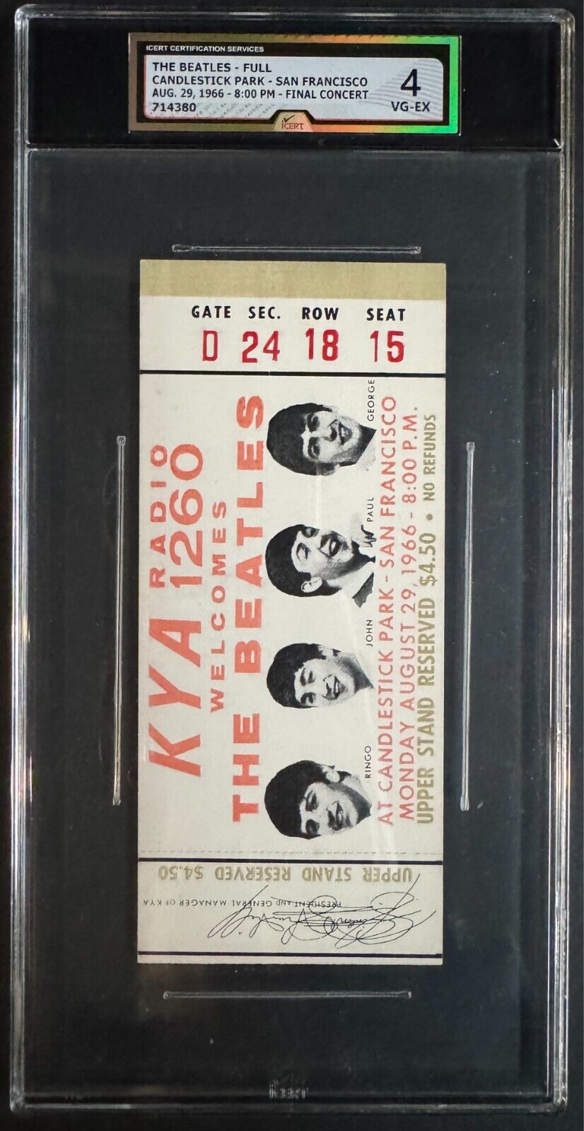 1966 The Beatles Candlestick Park Final Concert Full Ticket VG-EX 4 iCert