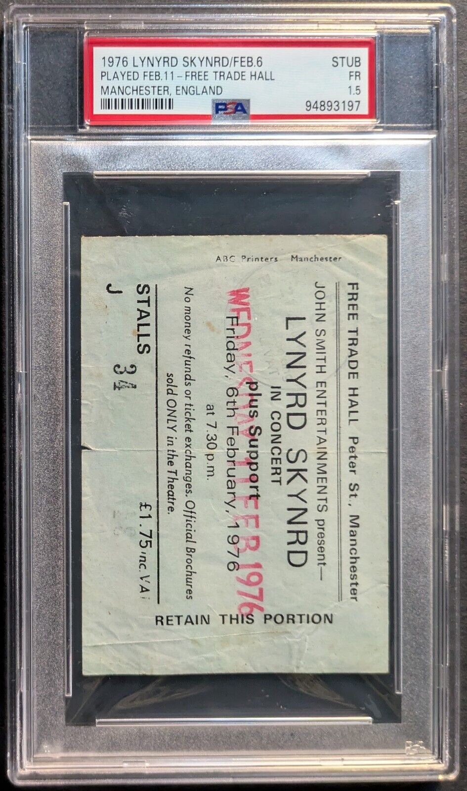 1976 Lynyrd Skynrd Free Trade Hall Manchester England Concert Ticket PSA Vtg