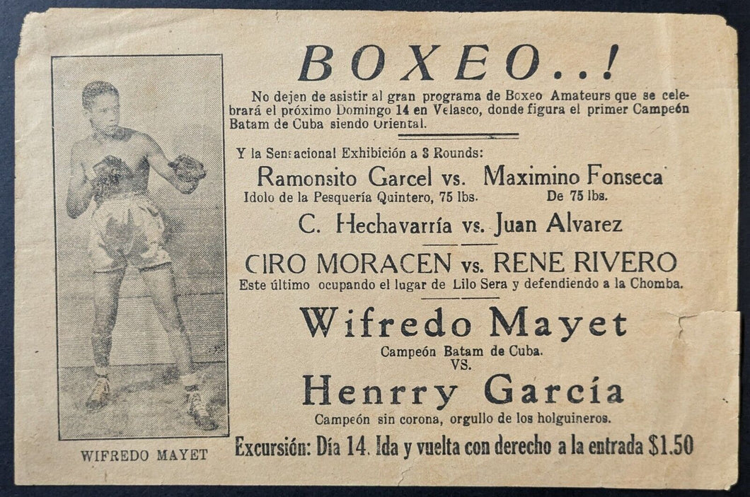 1940s Boxing Handbill For Match In Cuba Wilfredo Mayet Vs Henry Garcia Vtg