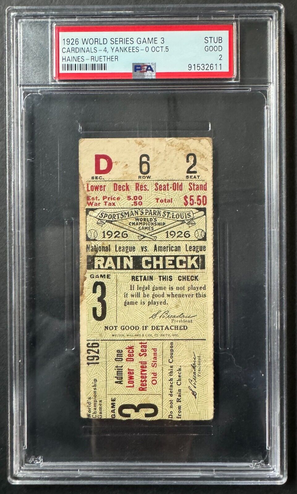 1926 World Series Game 3 Ticket St Louis Cardinals NY Yankees Babe Ruth PSA Good