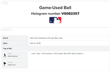 Load image into Gallery viewer, 2019 New York Yankees vs. Toronto Blue Jays Brett Gardner Game Used Baseball MLB
