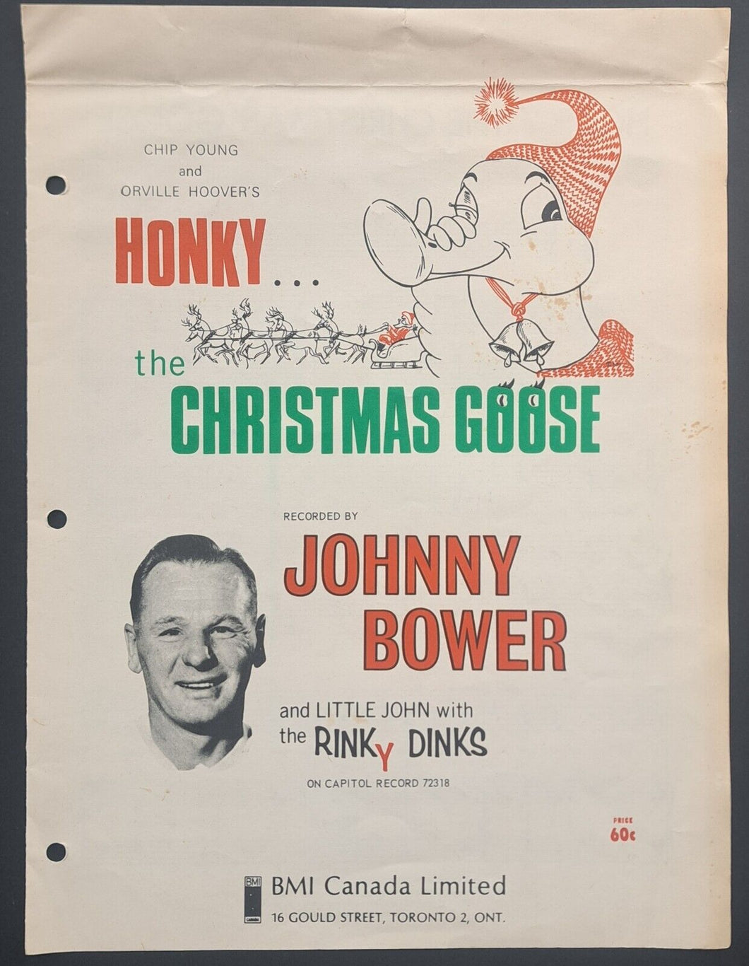 1965 Honky the Christmas Goose Johnny Bower Sheet Music Toronto Maple Leafs NHL