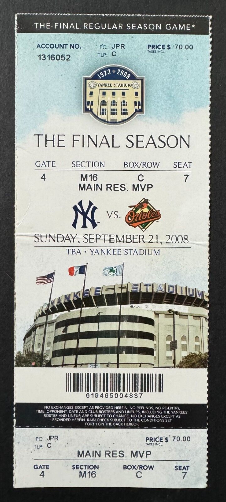 Sept 21 2008 Yankee Stadium Final Game Full Season Ticket New York Yankees MLB