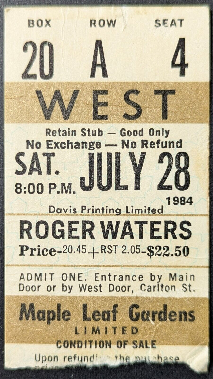 1984 Roger Waters Maple Leaf Gardens Used Ticket Stub + Photo Vintage Rock Music