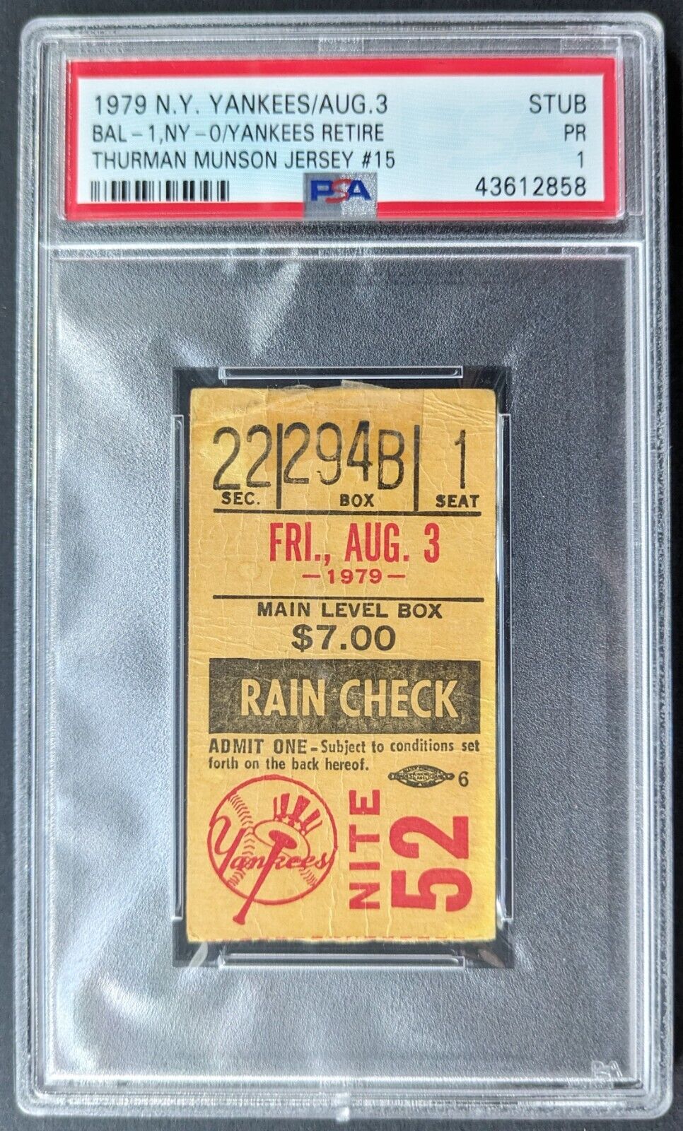 1979 Thurman Munson Tribute Game Ticket New York Yankees MLB Baseball PSA 1