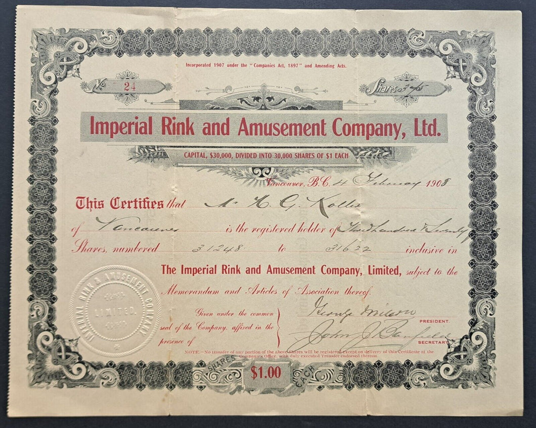 1908 Issued Imperial Rink and Amusement Company Stock Certificate Historic VTG