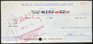 1975 Johnny Bower Signed Player Cheque Autographed Toronto Maple Leaf Gardens