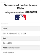 Load image into Gallery viewer, Jake Diekman Texas Rangers Game-Used 2015 ALDS Game 5 Locker Name Plate MLB Holo
