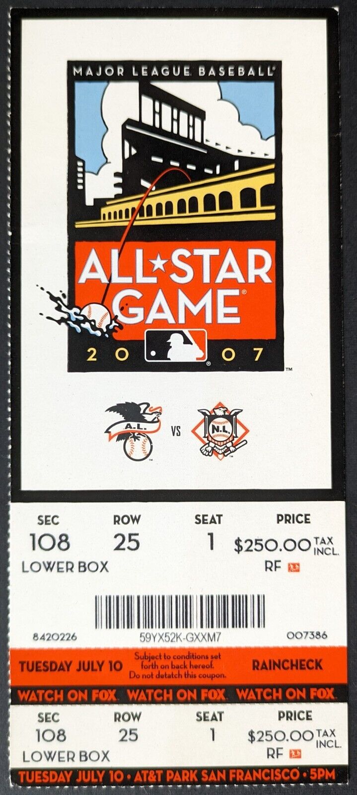 2007 MLB Baseball All-Star Game Full Ticket Ichiro Suzuki MVP Giants AT&T Park