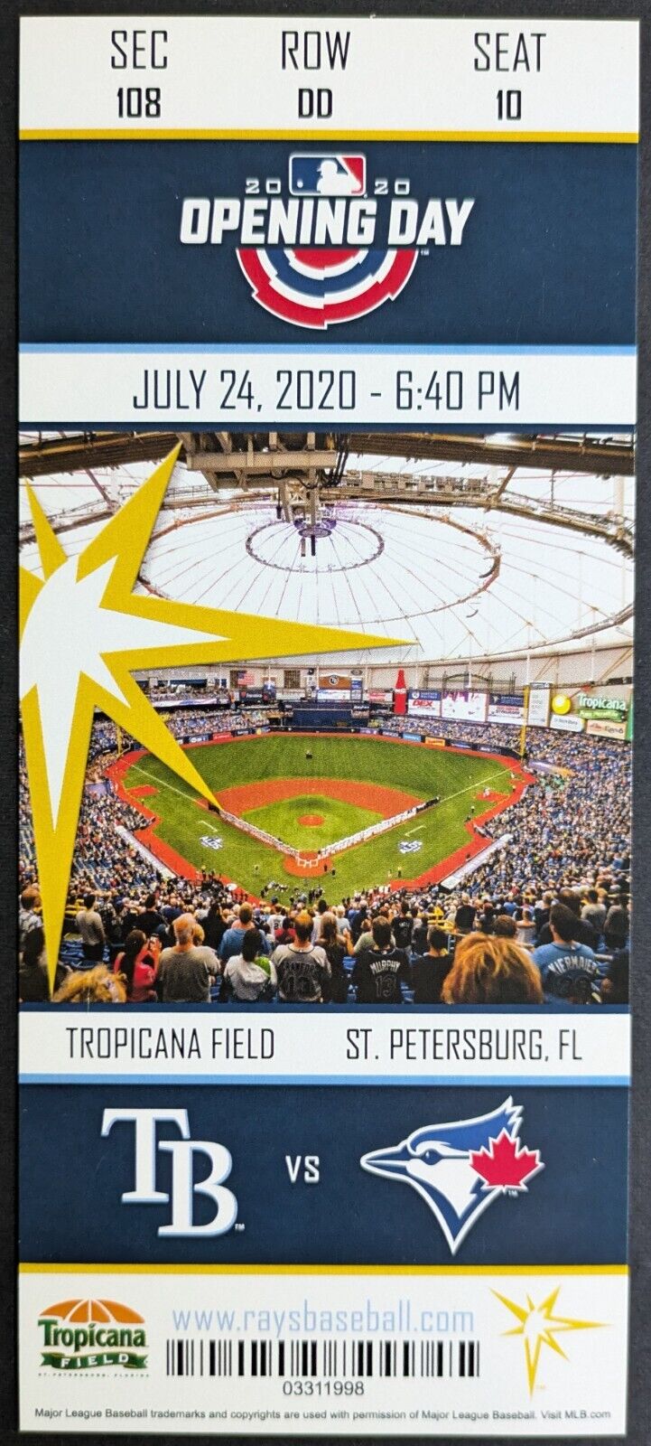 Souvenir Ticket Toronto Blue Jays Tampa Bay Rays Opening Day July 24 2020 MLB