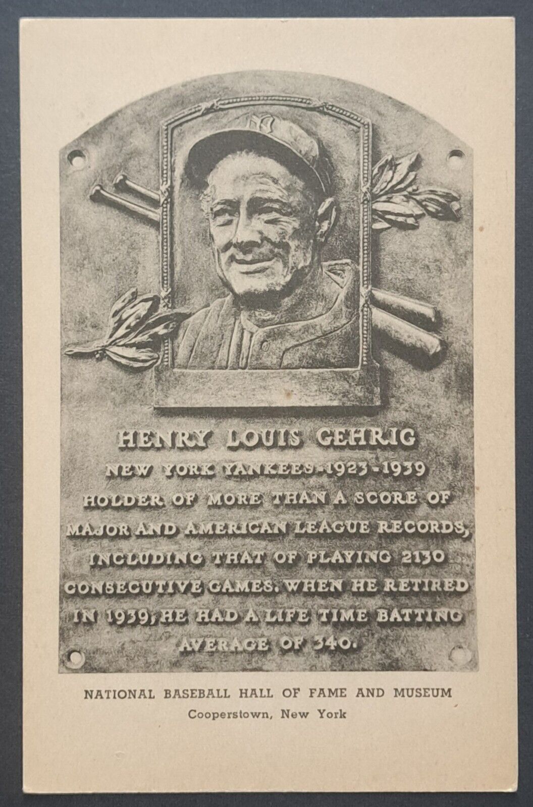 c1944 Lou Gehrig Baseball Hall of Fame Plaque Postcard New York Yankees MLB VTG