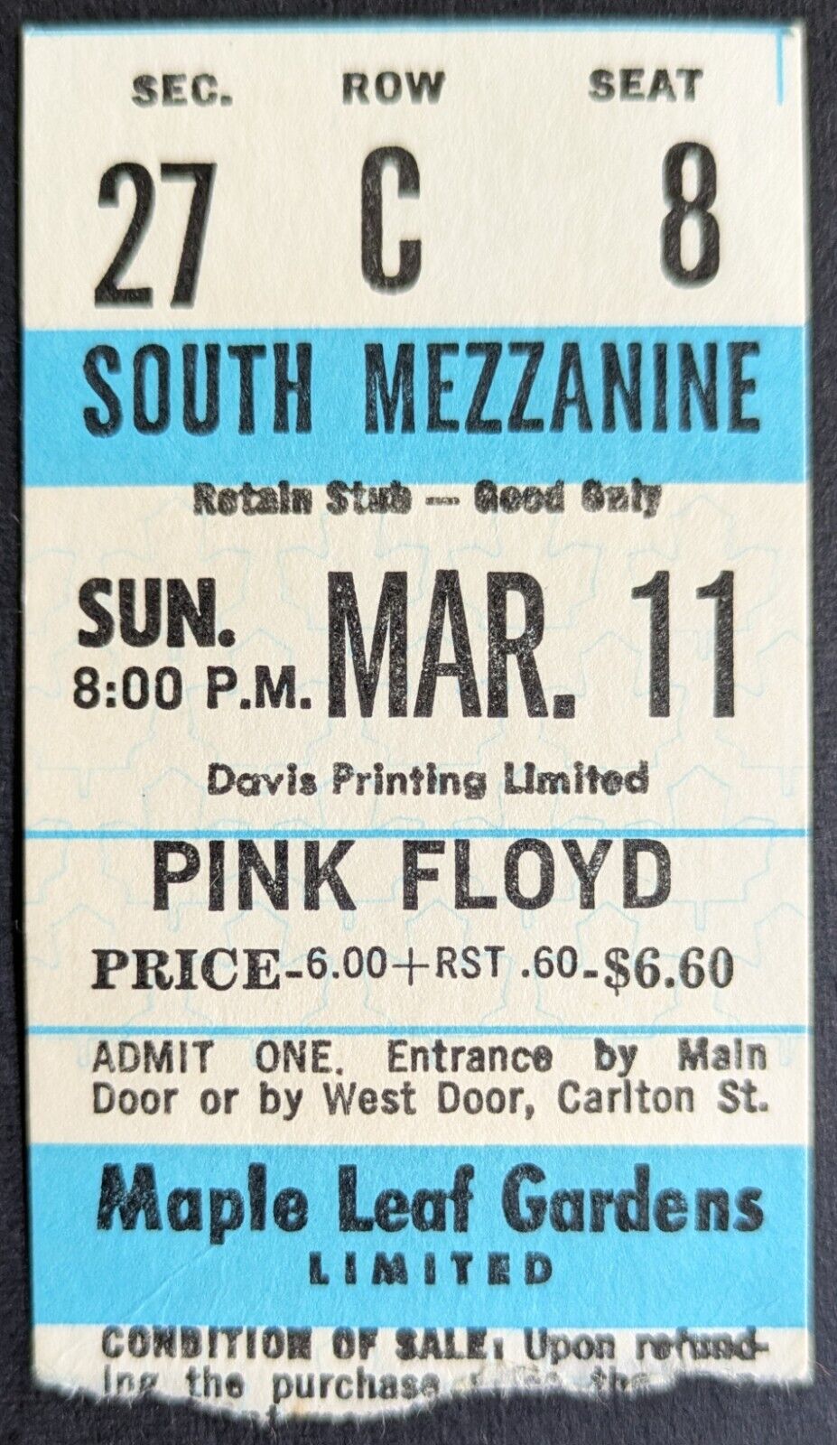 1973 Pink Floyd Ticket Stub Music Maple Leaf Gardens Dark Side of The Moon