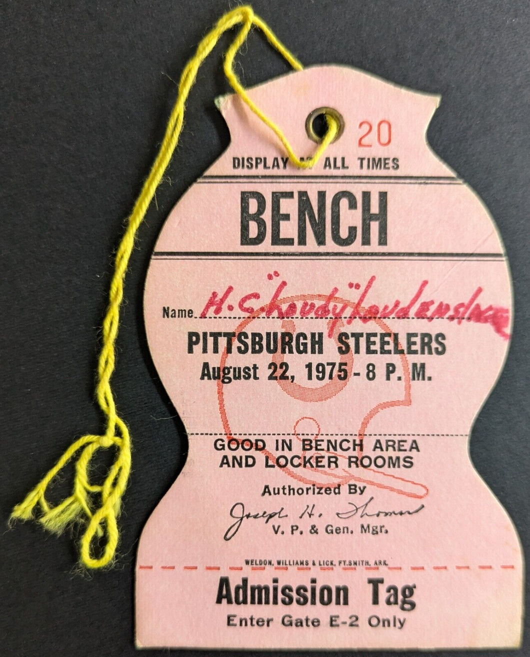 Pittsburgh Steelers Bench Pass For 1975 Game At Baltimores Memorial Stadium NFL