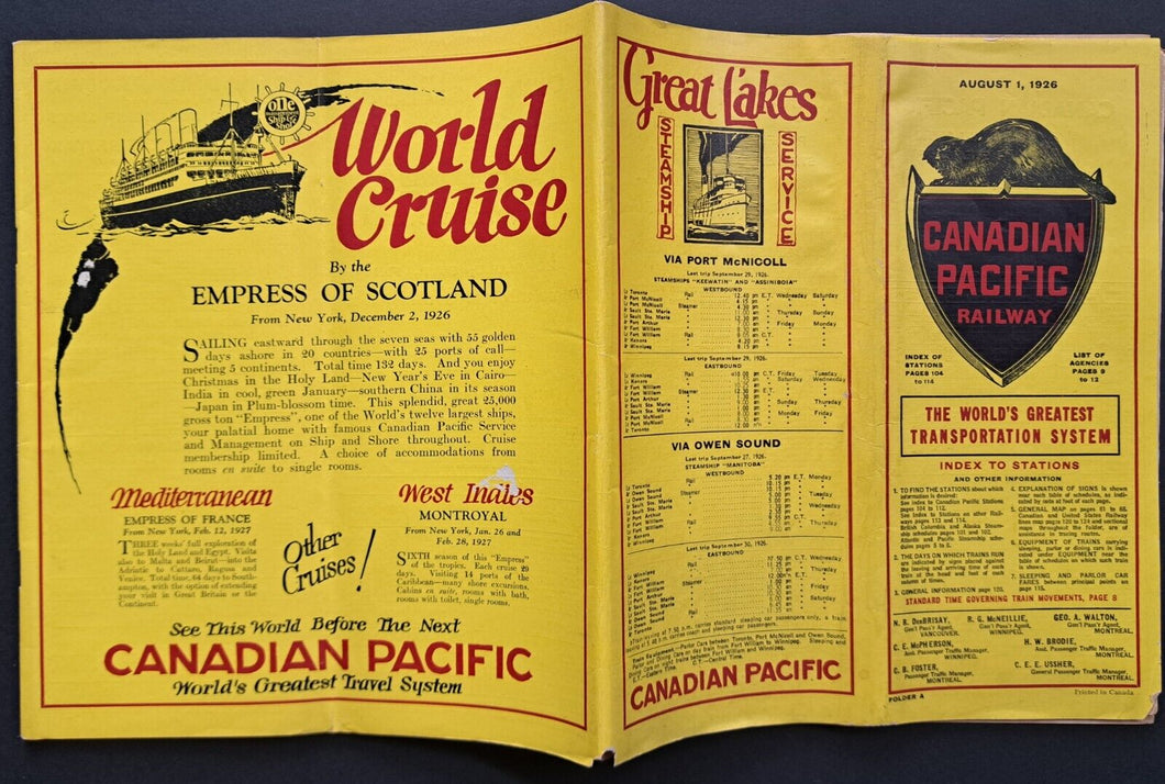 1926 Canadian Pacific Schedule for Railways and Steamships Vintage Historical