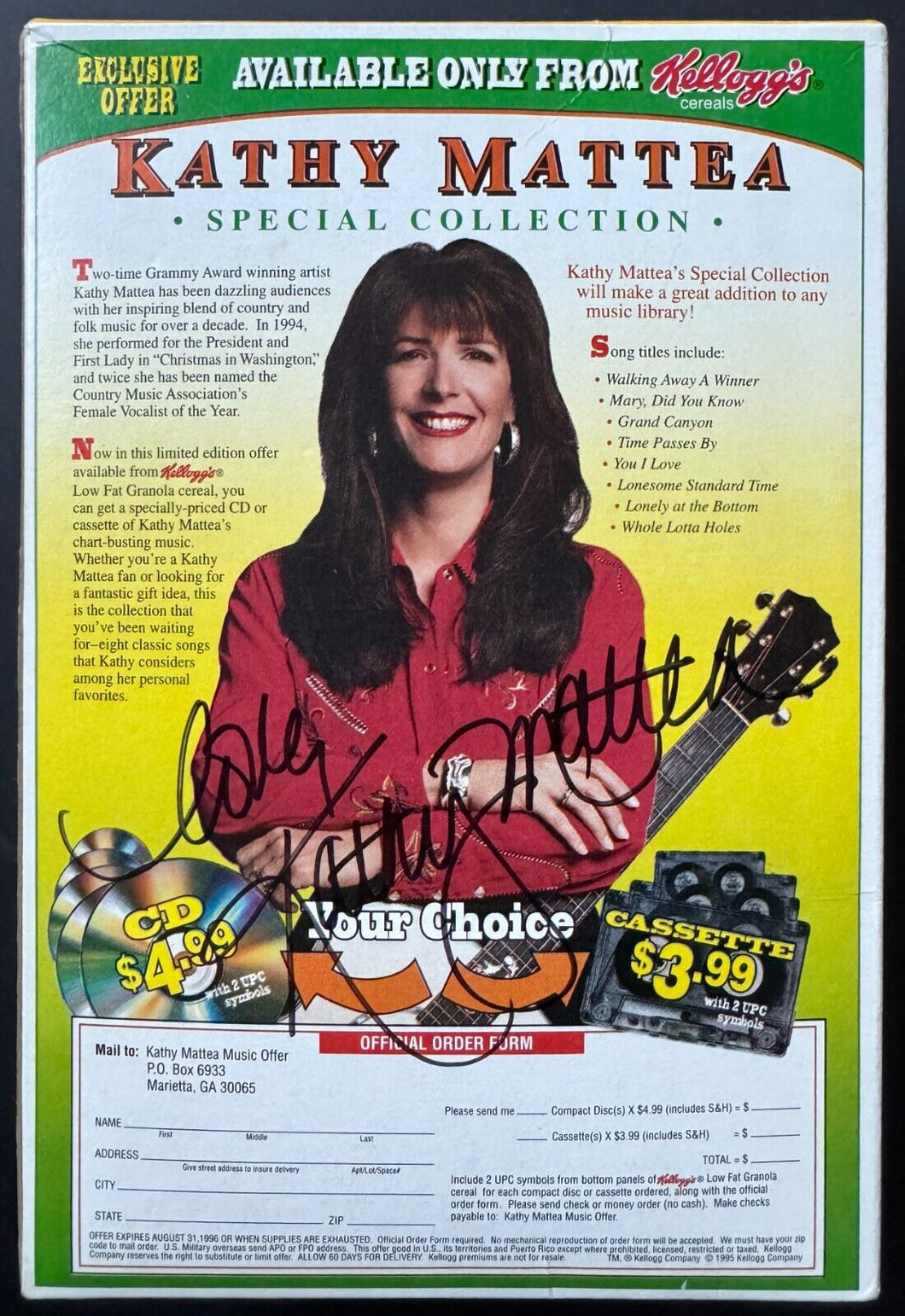 1996 Kathy Mattea Signed Kellogg’s Low Fat Granola Empty Cereal Box Vintage