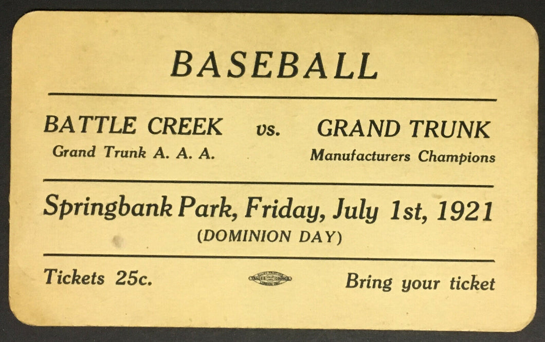 1921 Baseball Admission Pass Ticket Springbank Park Battle Creek v Grand Trunk